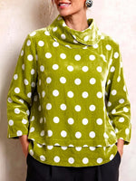 Women's Long-sleeve Velvet Top With Collar And Polka-dot Print