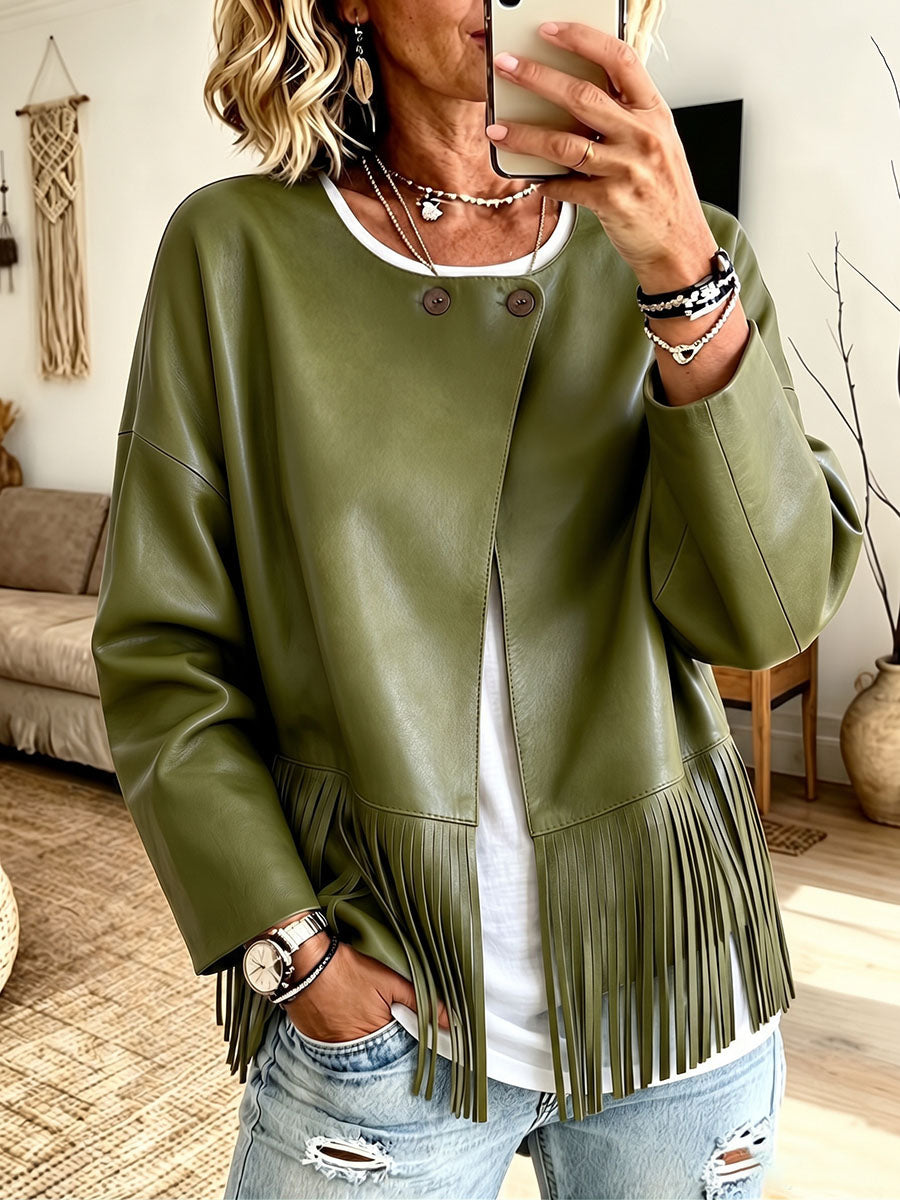 Trendy Olive Green Fringe Faux Leather Jacket F