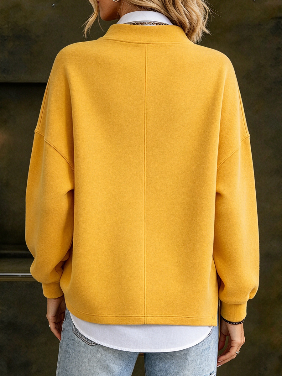 Relaxed Bright Yellow V-neck Stand Collar Sweatshirt