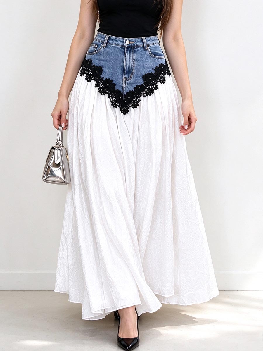 Women's Spliced Denim Maxi Skirt With Black Lace Trim