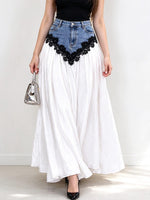 Women's Spliced Denim Maxi Skirt With Black Lace Trim