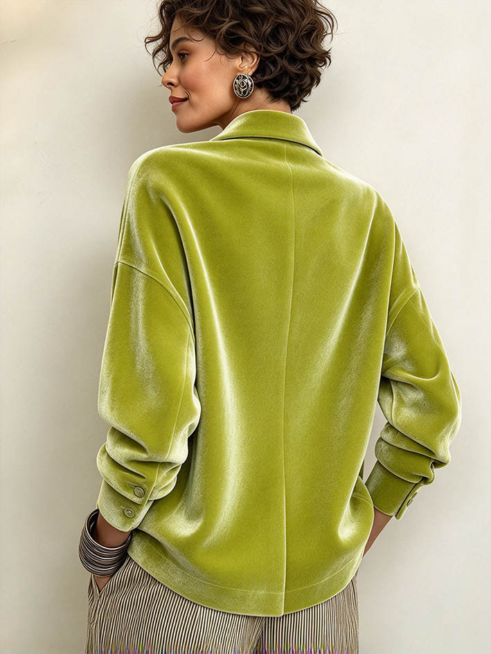 Chic Urban Green Shawl Collar Velvet Top