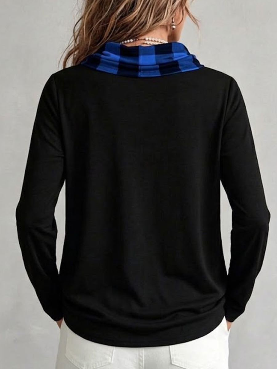 Long-sleeve Top With A Mock-neck, Plaid-patterned "faux-layered" Design