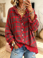Casual Ruffled V-neckline Plaid Lace-trim Cozy Blouse