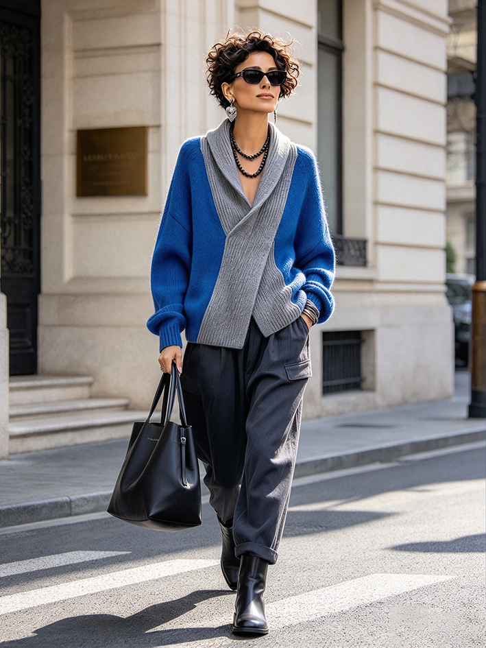 Chic Cozy Blue Colorblock Shawl Collar Sweater