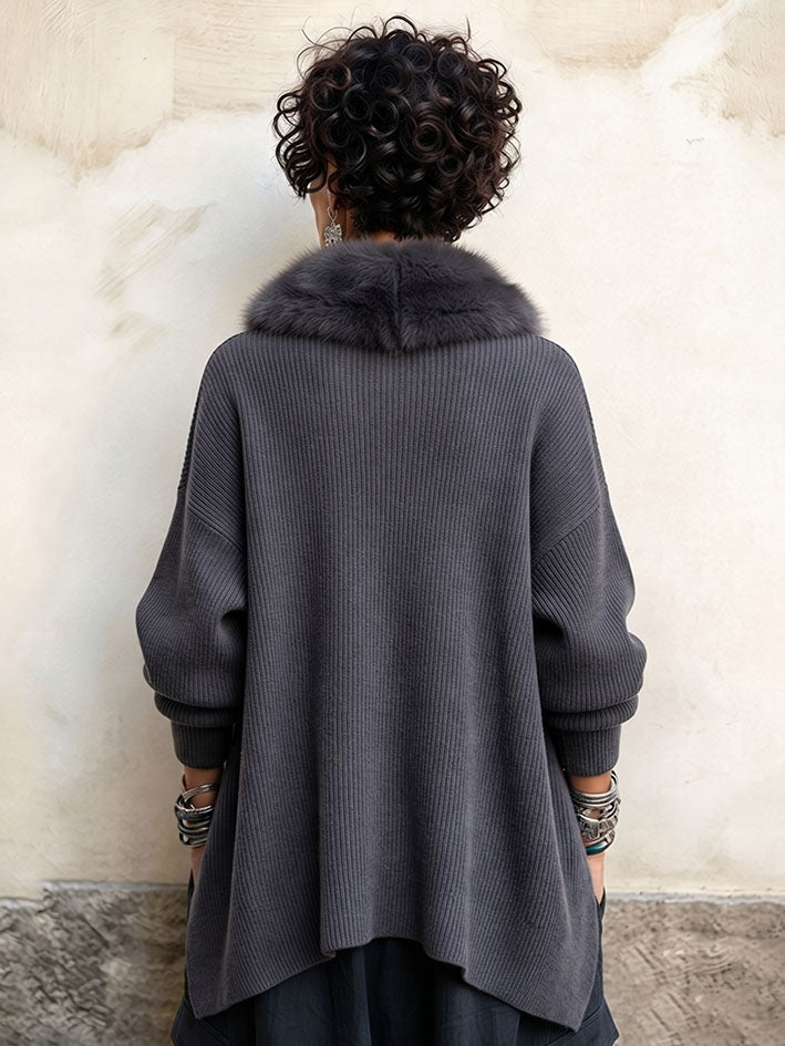 Casual Faux Fur Collar Asymmetrical Knit Sweater