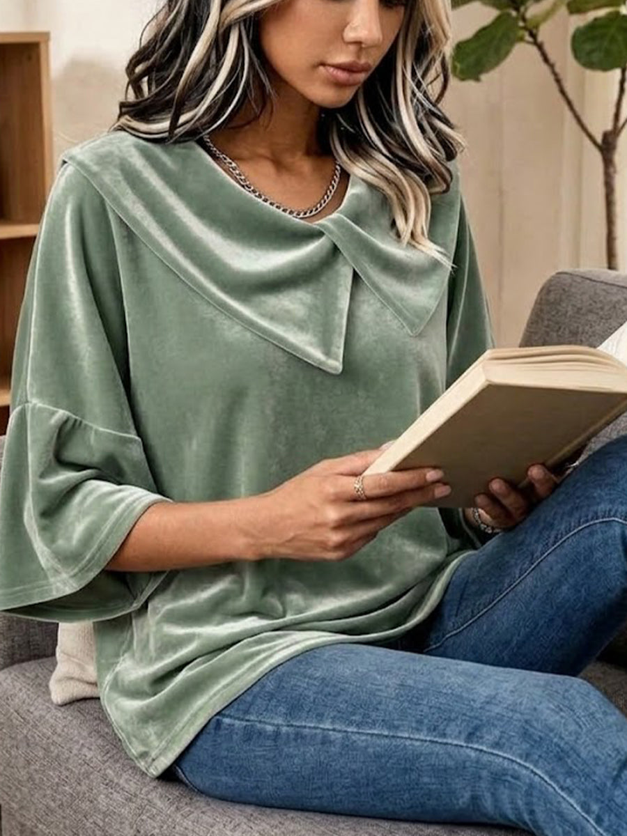 Oversized-collar Velvet Top With Loose, Flared Mid-length Sleeves