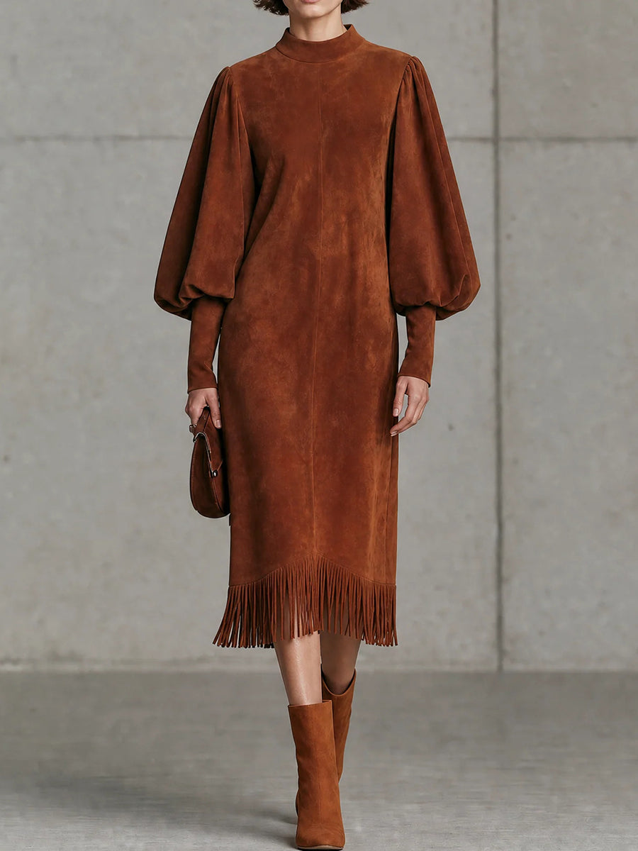 Suede-effect Fringe Midi Dress