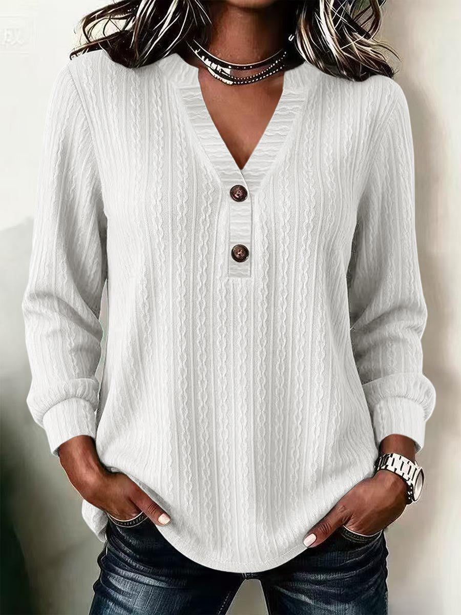 Textured Henley V-Neck Long Sleeve Blouse