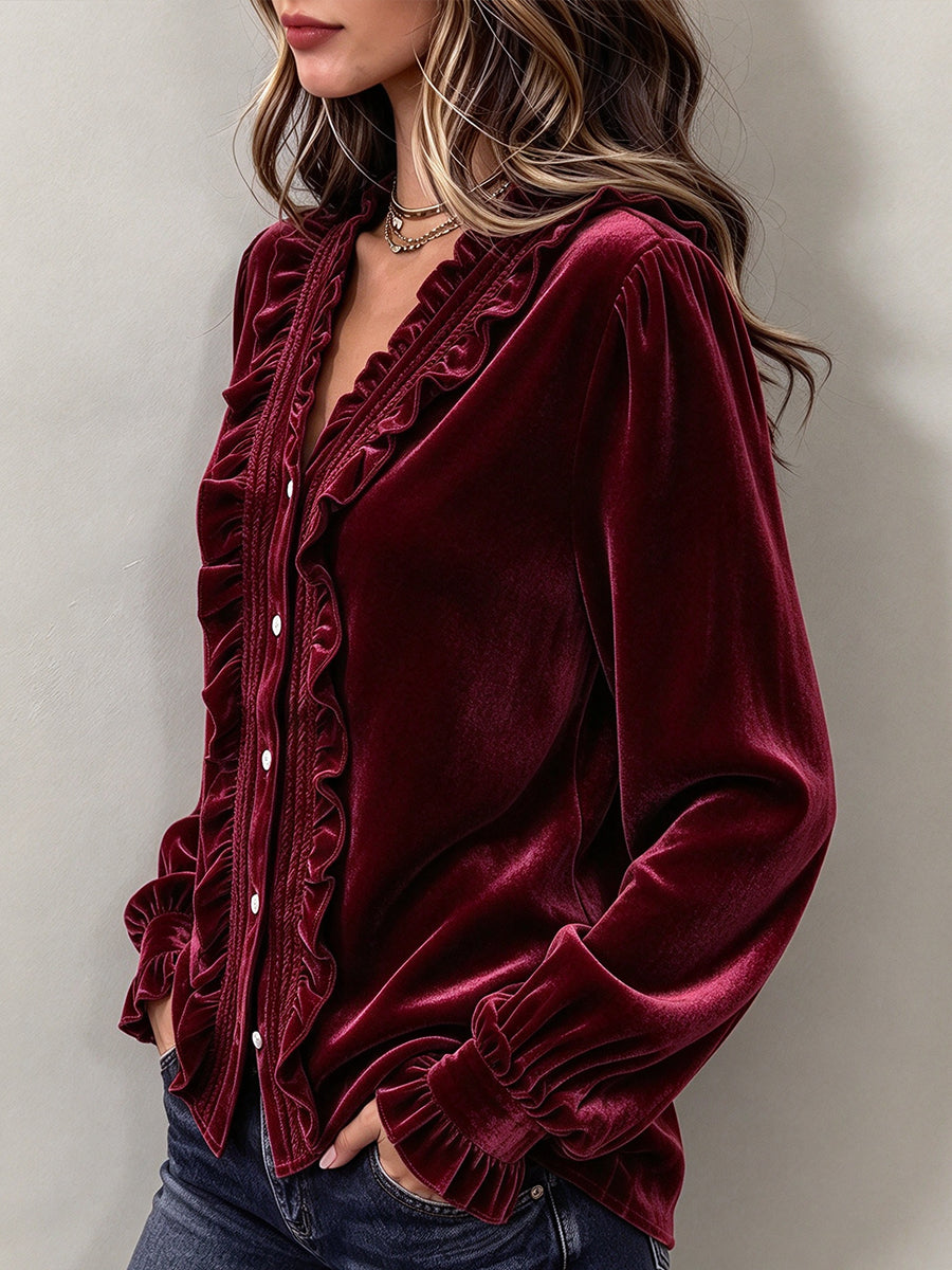 Chic Christmas Ruffled Velvet Shirt