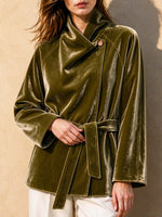 Women's Solid-color Loose-fit Velvet Jacket With Long Sleeves And A Slouchy Collar