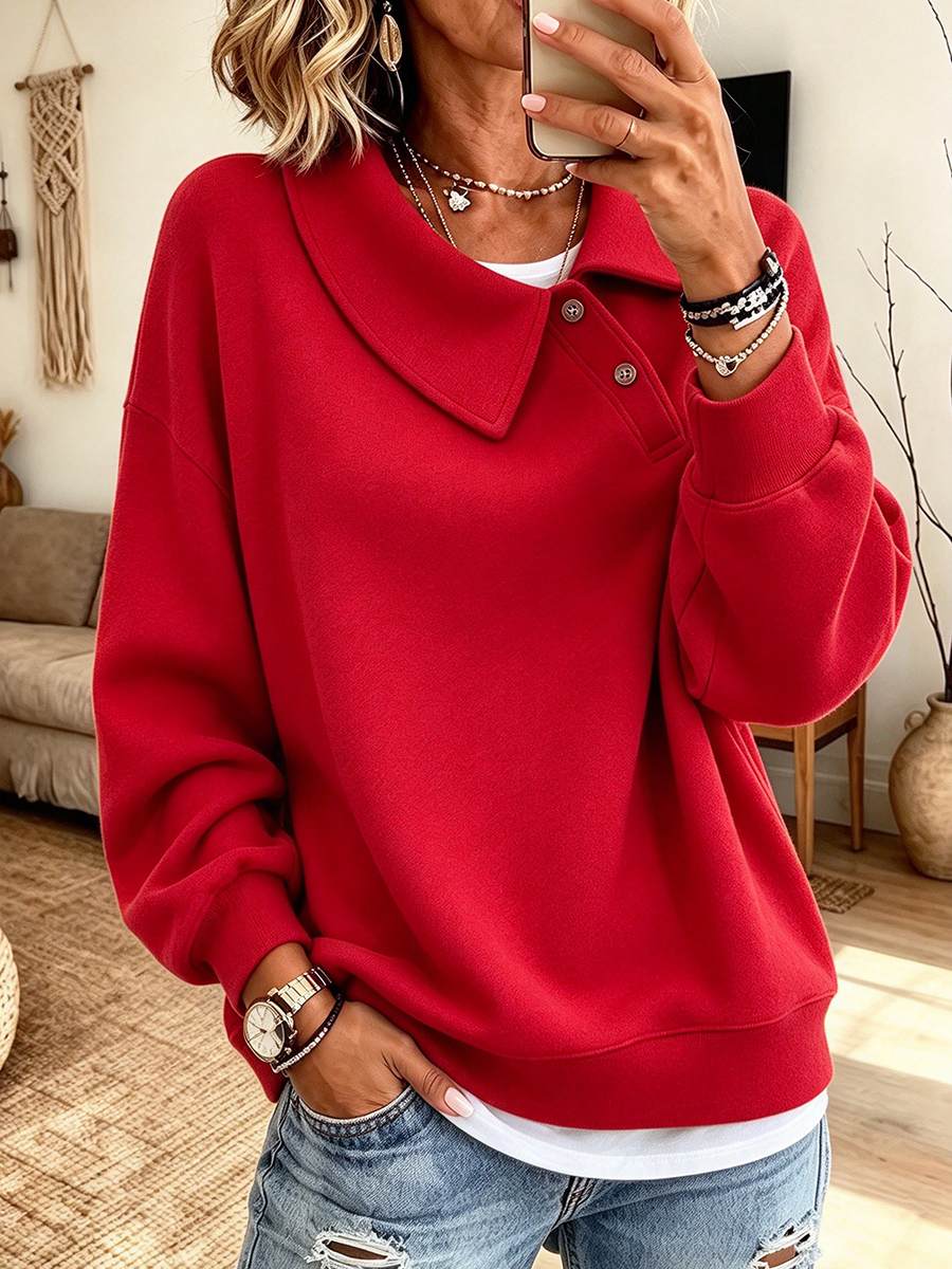 Casual Vibrant Red Fold-over Collar Sweatshirt