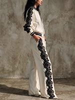 Two-piece Set Featuring A Color-block Lace-panel Baseball Jacket And Wide-leg Trousers