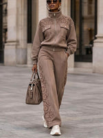 Two-piece Set: Casual Cotton Sweatshirt With Lace Detailing And Matching Pants