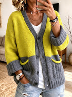 Color-Blocked V-Neck Knit Cardigan