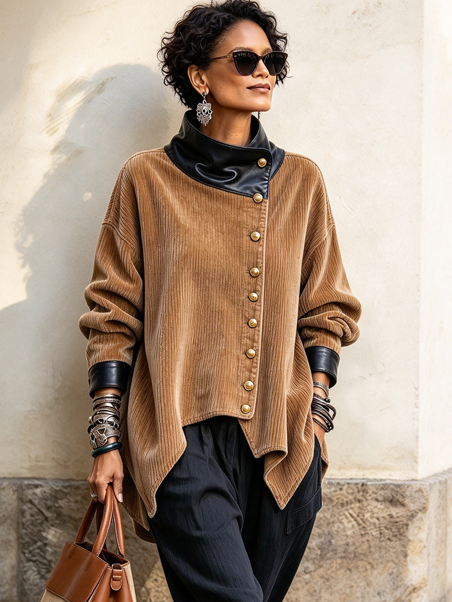 Cozy Asymmetrical Stylish Faux Leather Corduroy Jacket