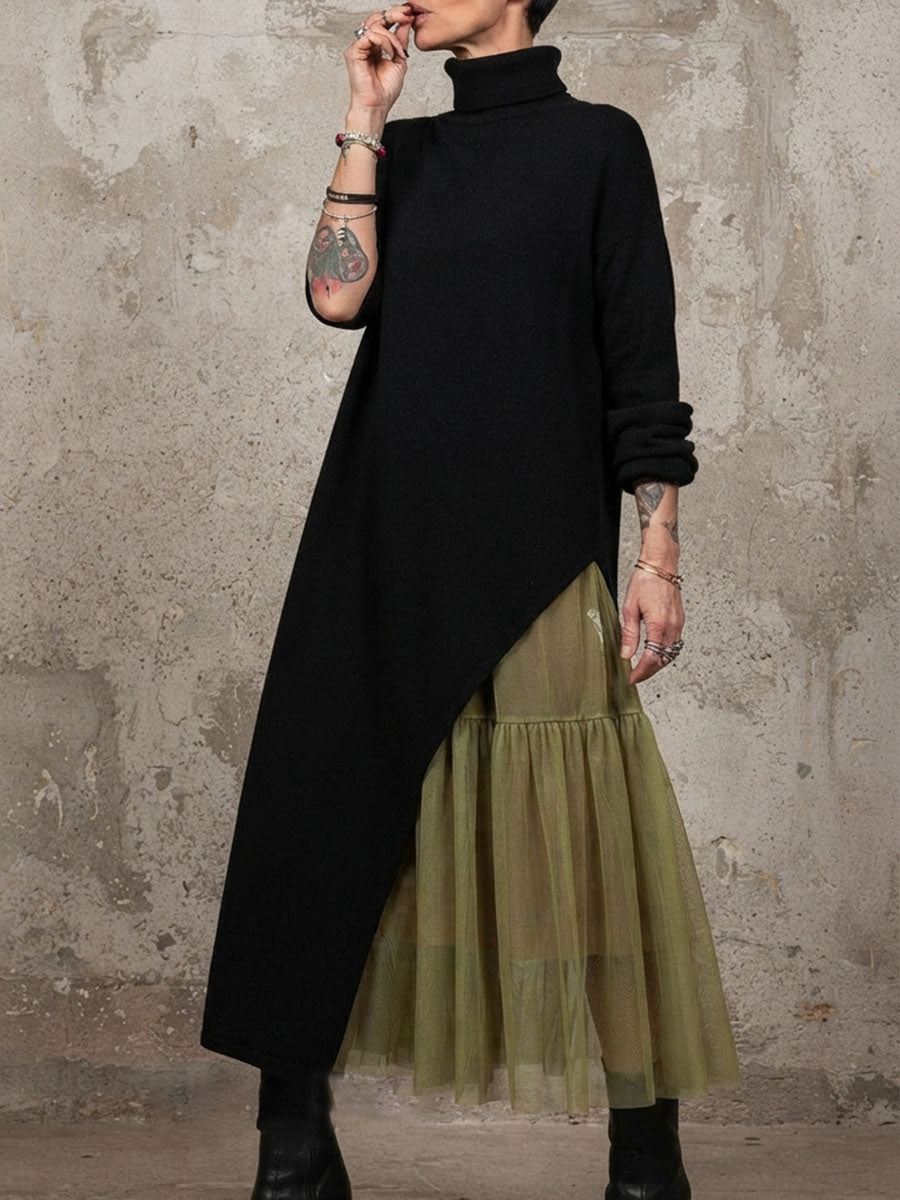 Cozy Turtleneck Asymmetric Hem False Two-piece Maxi Dress