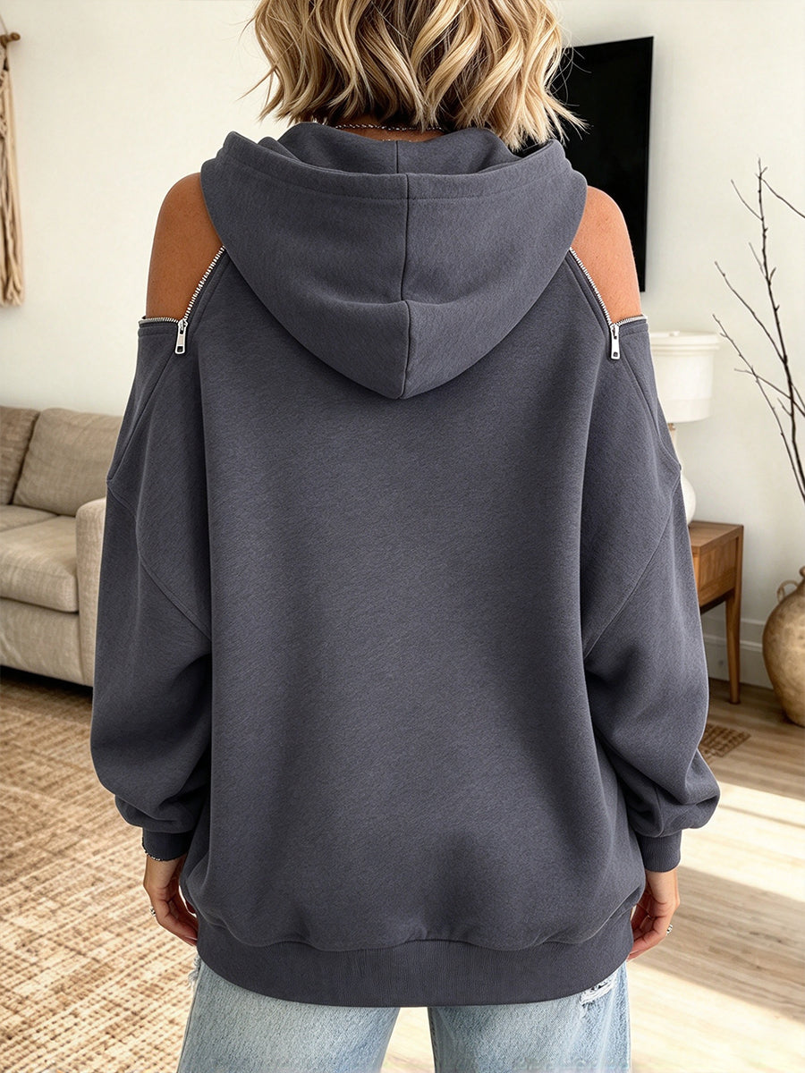 Chic Off-the-shoulder Zip-detail Hooded Sweatshirt