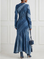 Bias-cut Patchwork Long-sleeve Denim Dress With Cut-out Details