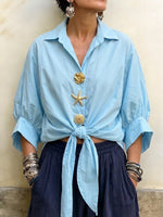 Loose-fit Blouse With Metal-buckle Hem Ties And Puff Sleeves