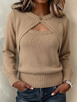Faux Two-piece Cutout Button Long Sleeve Knit Sweater