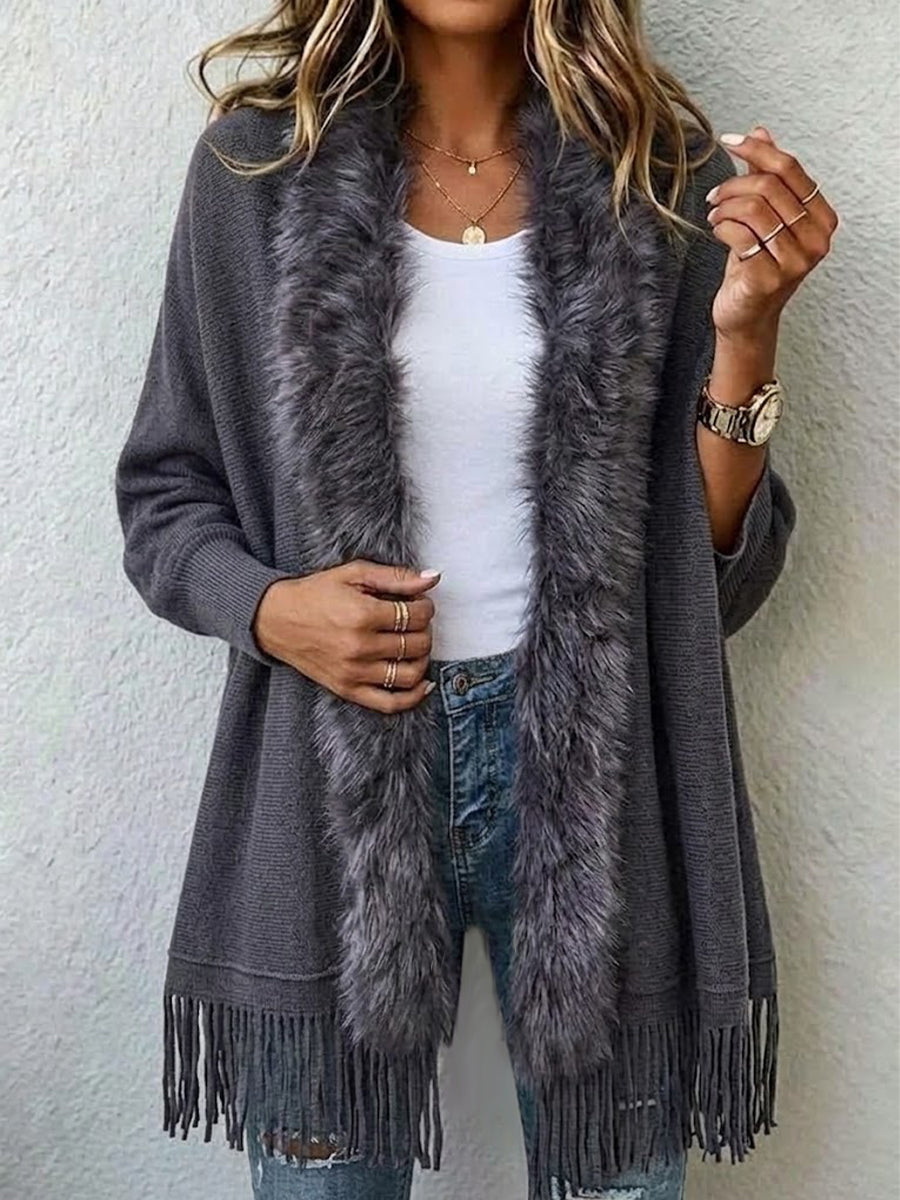Faux Fur Collar Fringe Knit Cardigan