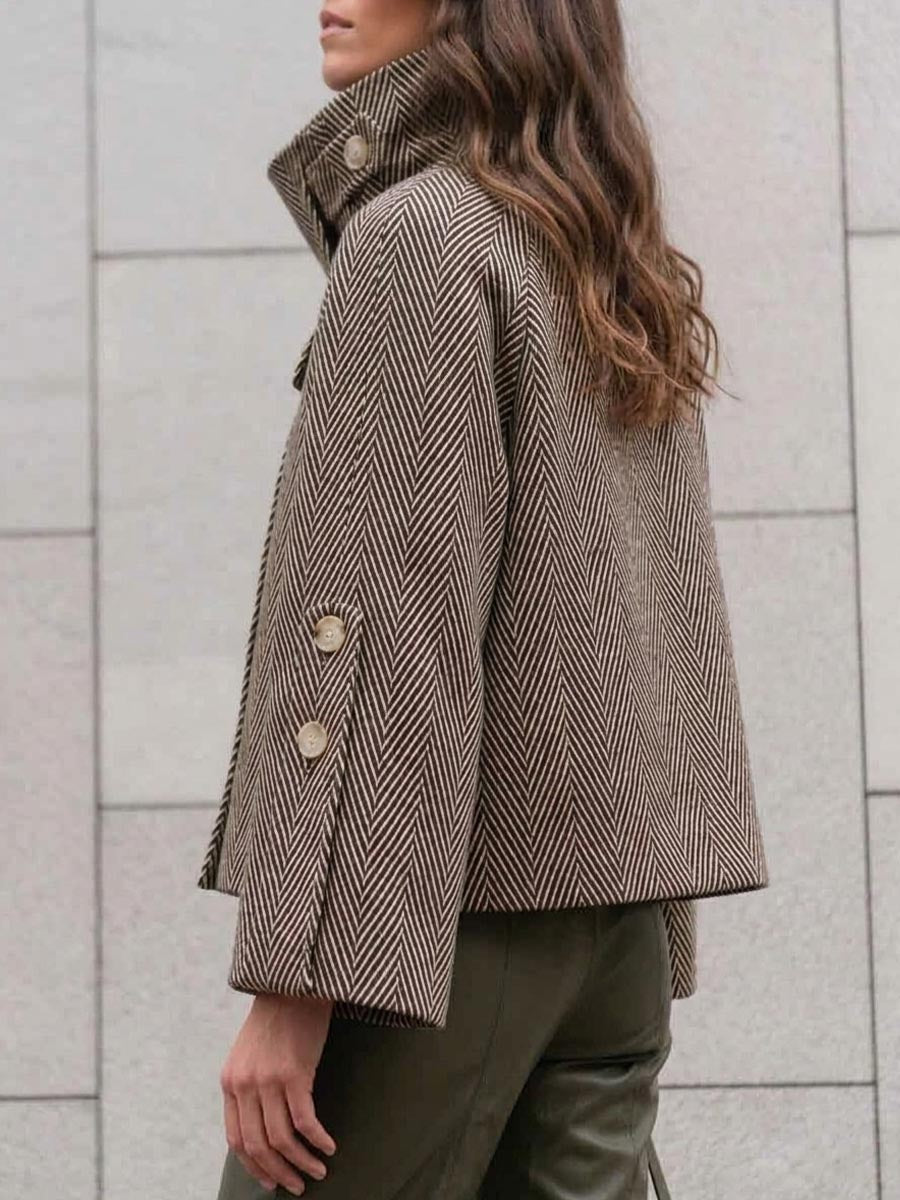 Women's Loose-fit Long-sleeve Wool-blend Coat With Stand Collar And Herringbone Print