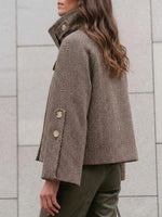 Women's Loose-fit Long-sleeve Wool-blend Coat With Stand Collar And Herringbone Print