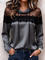 Women's Satin And Sheer Mesh Lace-trimmed Hoodie Blouse