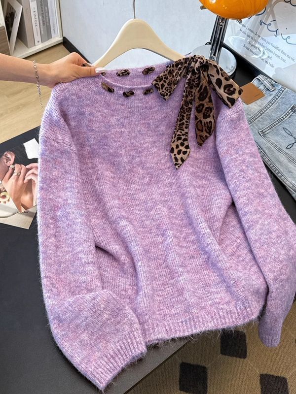 Chic Leopard-print Bow-accented Loose-fit Knit Top