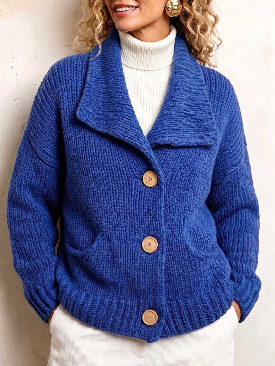 Women's Solid Color Collared Long-sleeve Casual Loose Knit Cardigan