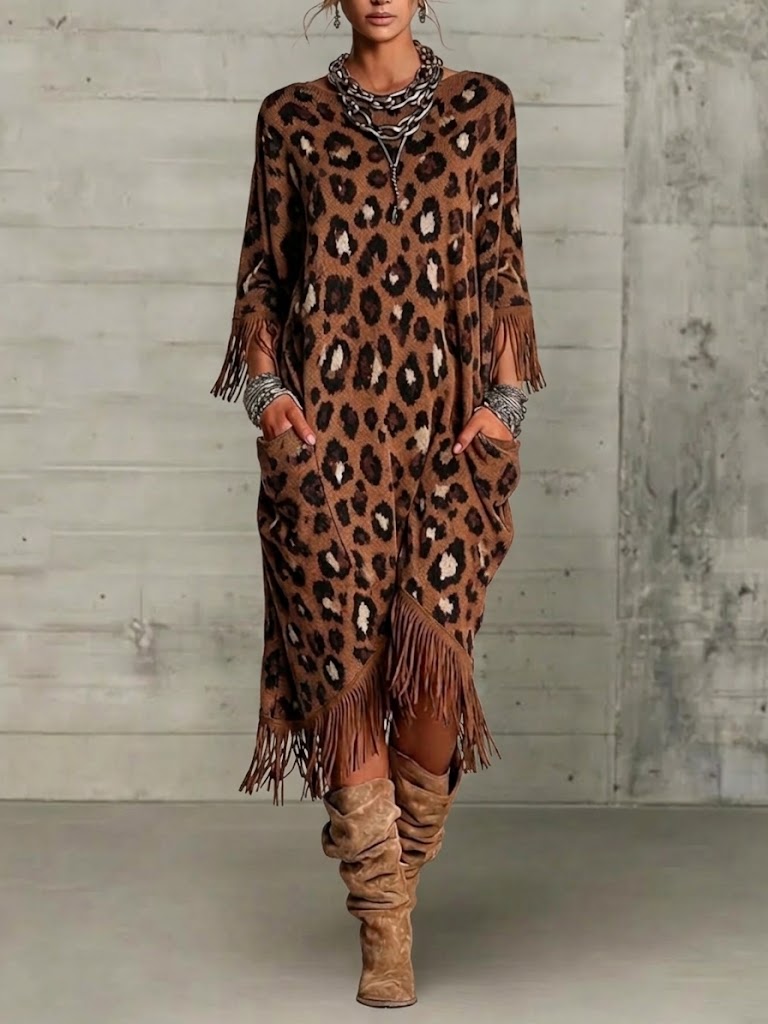 Leopard-print Loose-fit Knitted Dress With Tassels