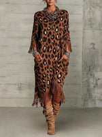 Leopard-print Loose-fit Knitted Dress With Tassels