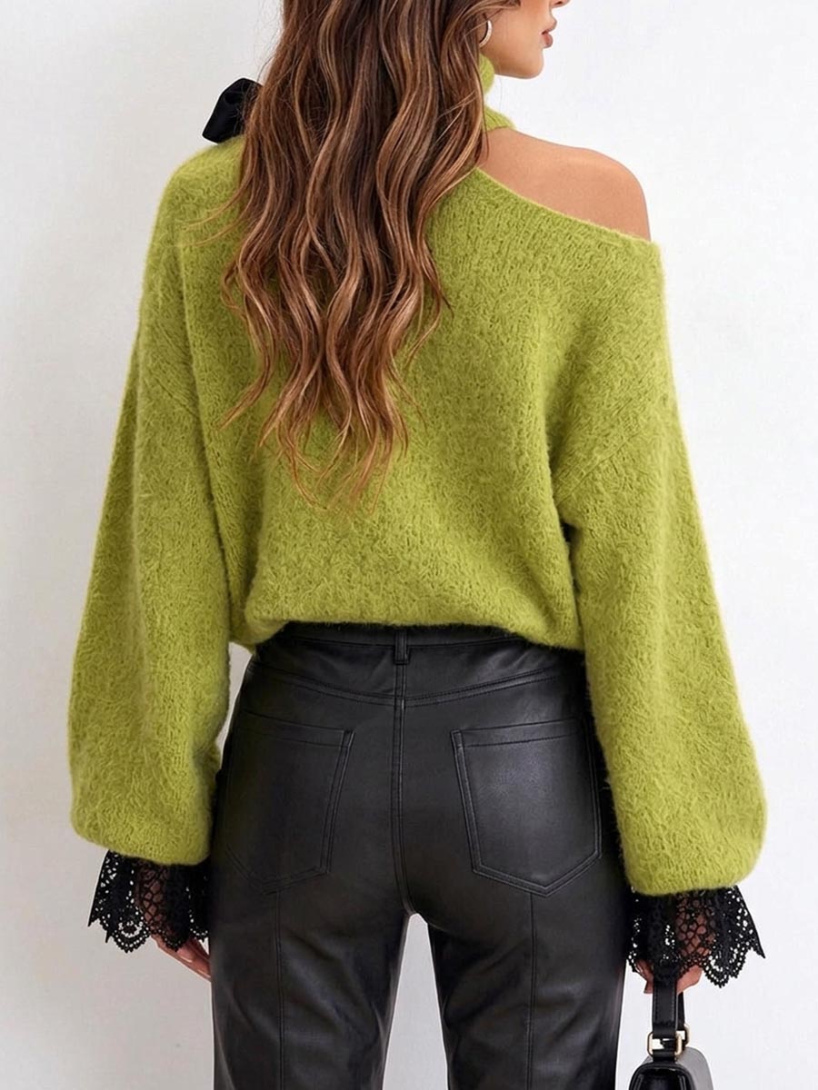 Women's Fuzzy Green Cold Shoulder Sweater With Black Satin Bow And Lace Cuffs