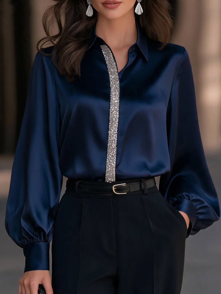 Women's Satin Long Sleeve Blouse With Sequin Placket
