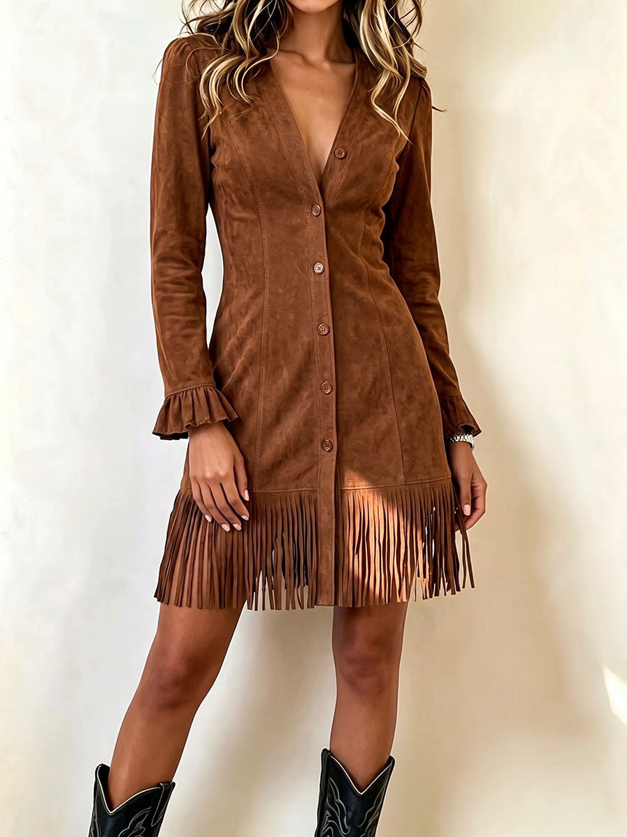 Western Style Faux Suede Fringe Hem Button-front Dress