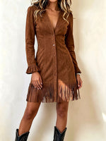 Western Style Faux Suede Fringe Hem Button-front Dress