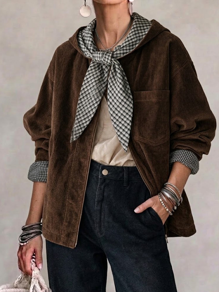 Hooded Corduroy Jacket With Plaid Lining