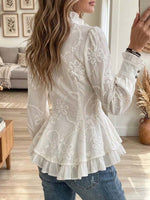 Women's Elegant Floral Embroidered Ruffle Trim Peplum Blouse