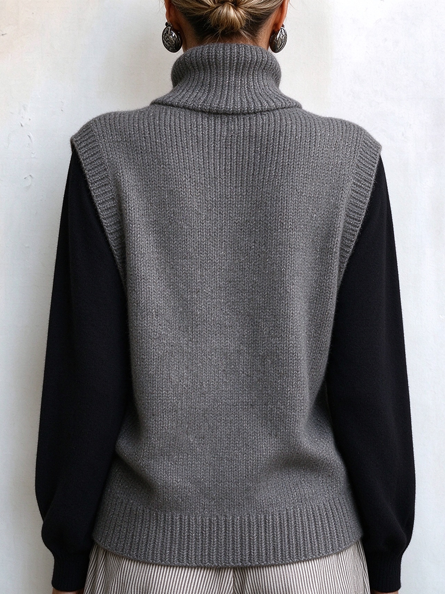 Chic Asymmetric Side-button Turtleneck Cozy Knit Vest