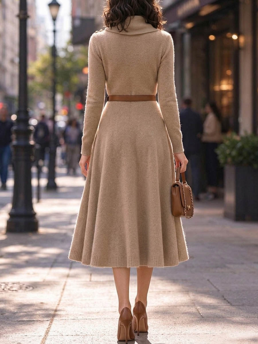 Women's Elegant Beige A-line Knit Midi Dress