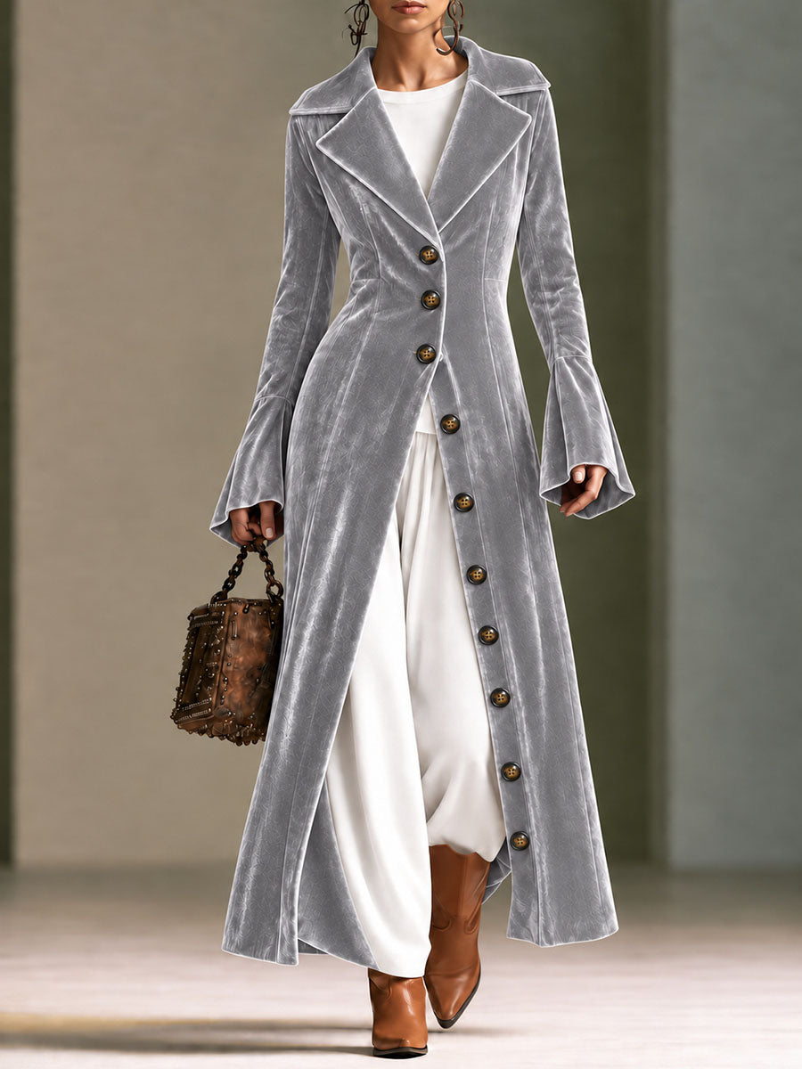 Burgundy Velvet Longline Button-front Duster Coat