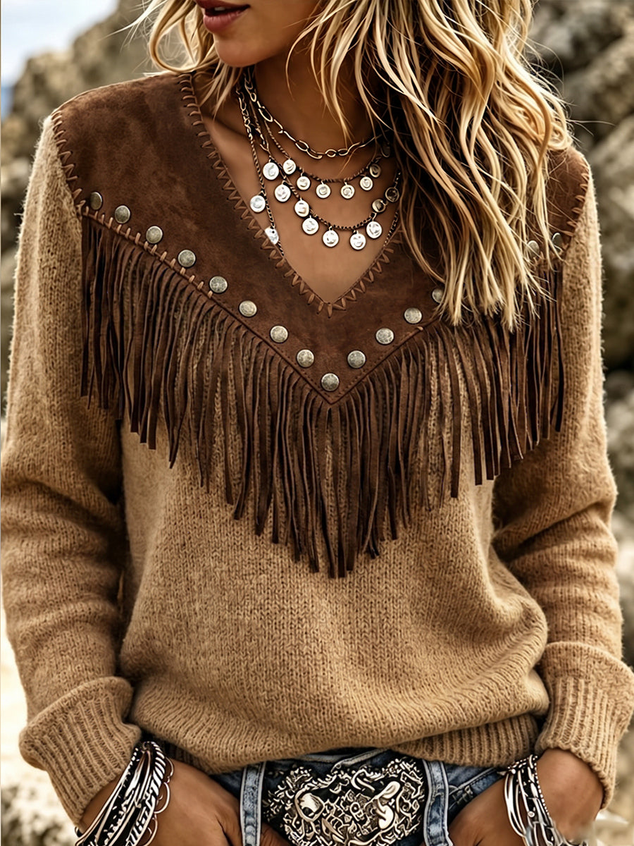 Boho Fringe Suede-Trimmed Knit Pullover
