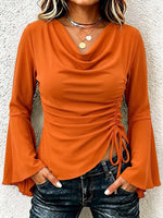 Women's Solid Color Long-sleeve Casual Loose-fit Top With Cowl Neck, Ruched Details, And Asymmetrical Hem
