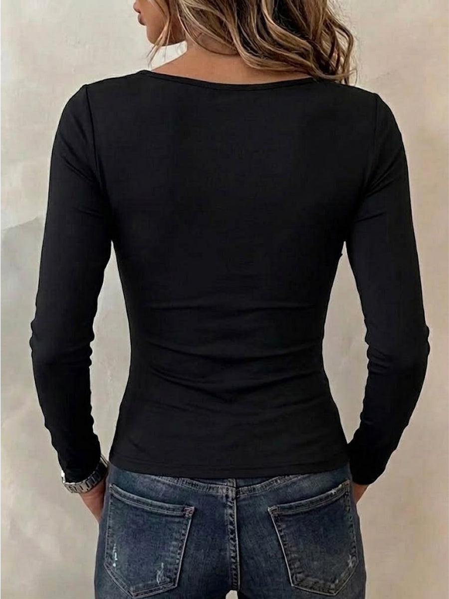 Square Neck Lace Sheer Panel Fitted Long Sleeve Top