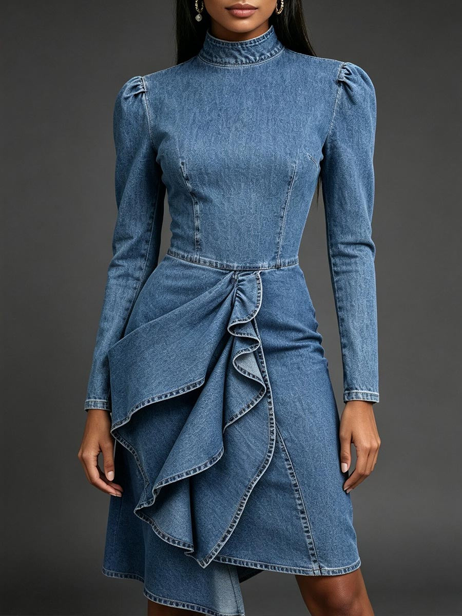 Elegant Long Sleeve Denim Midi Dress With Cascading Ruffles