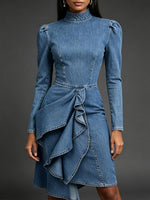 Elegant Long Sleeve Denim Midi Dress With Cascading Ruffles