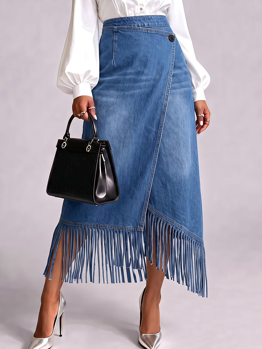 Women's Asymmetrical Wrap Denim Midi Skirt with Fringe Hem