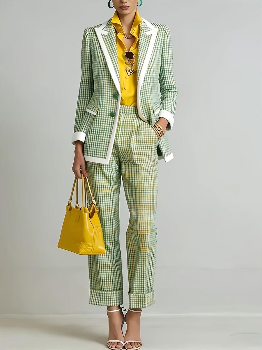 Women's Vintage Plaid Two-piece Suit Set With Contrast Trim