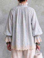 Vertical-striped Linen Shirt With A Lace-trimmed Stand Collar